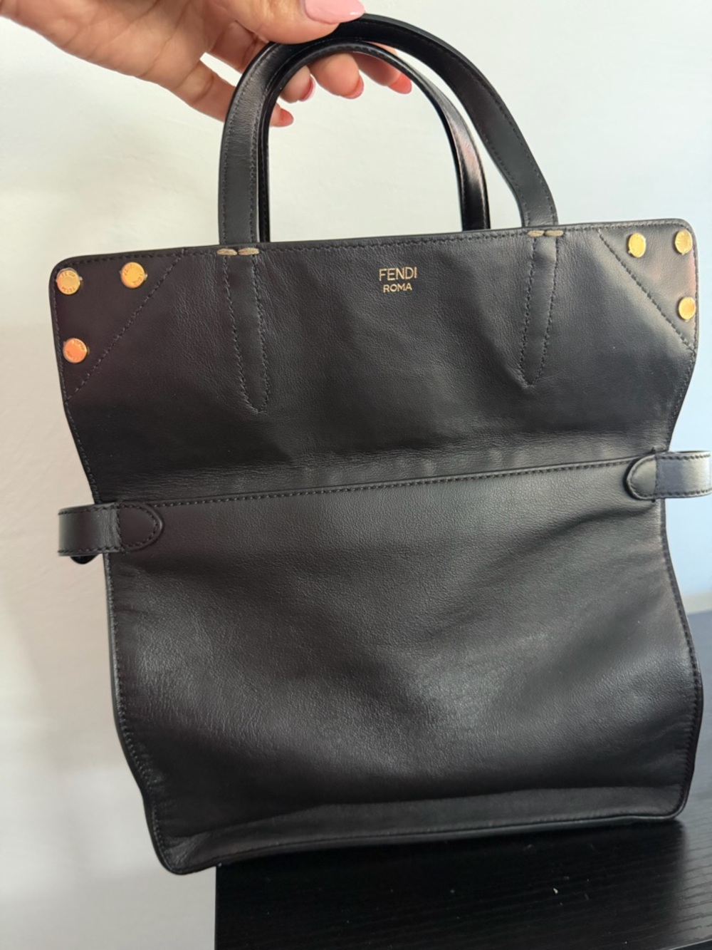 Fendi Black Leather Tote with Brown Embossed FF Panel - Picture 4 of 6